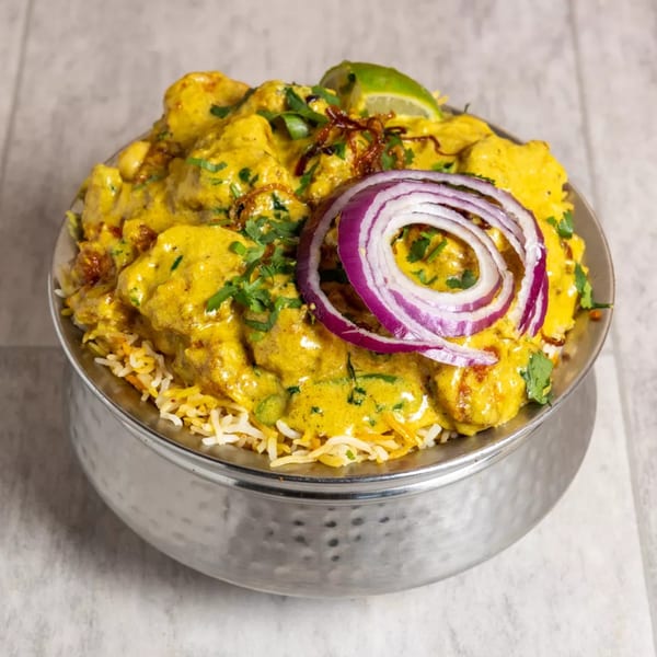 Pista House's Indian chicken biryani, topped with red onion, cilantro, and a lime wedge.